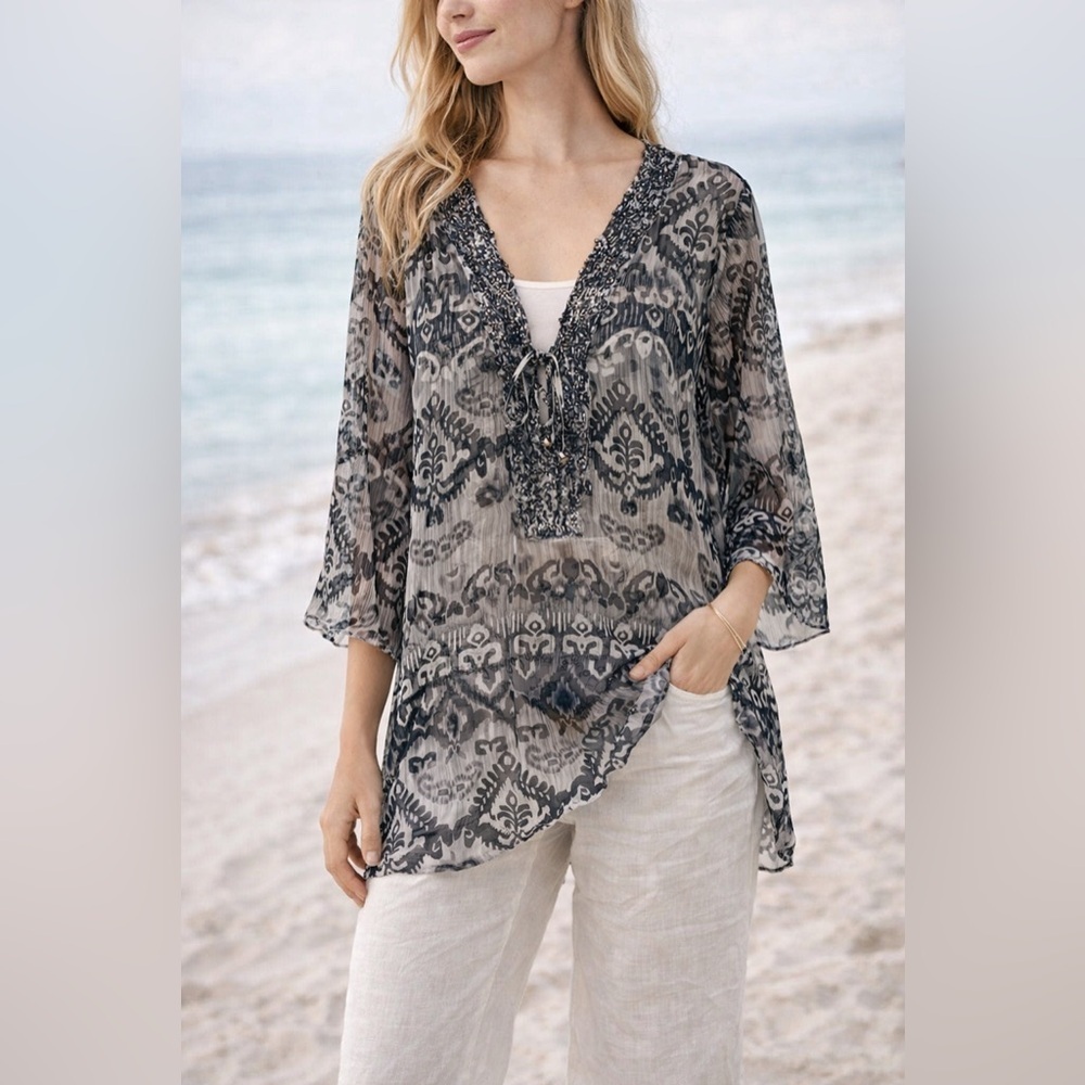 Vintage Y2K Sheer Beaded Tunic Blouse Coastal Lagenlook Gramma Core M